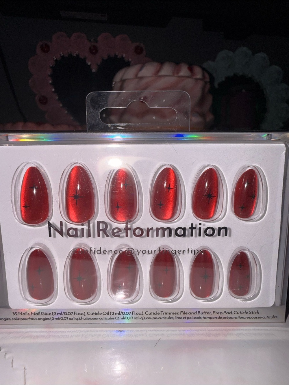 Nail Reformation red reflective with star accent press on nail set
